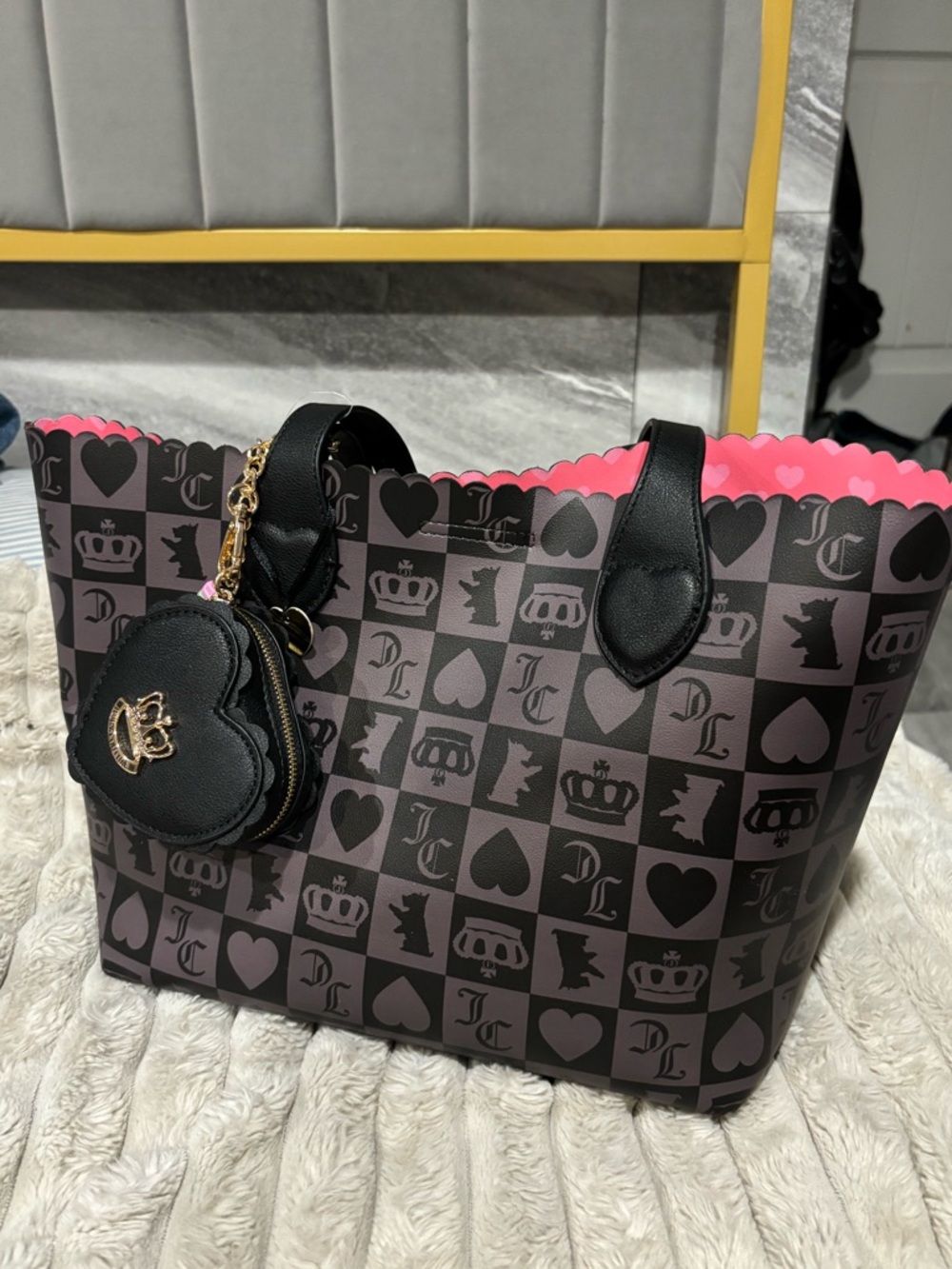 Black & Pink Tote Bag with Heart Charm by juicy couture.